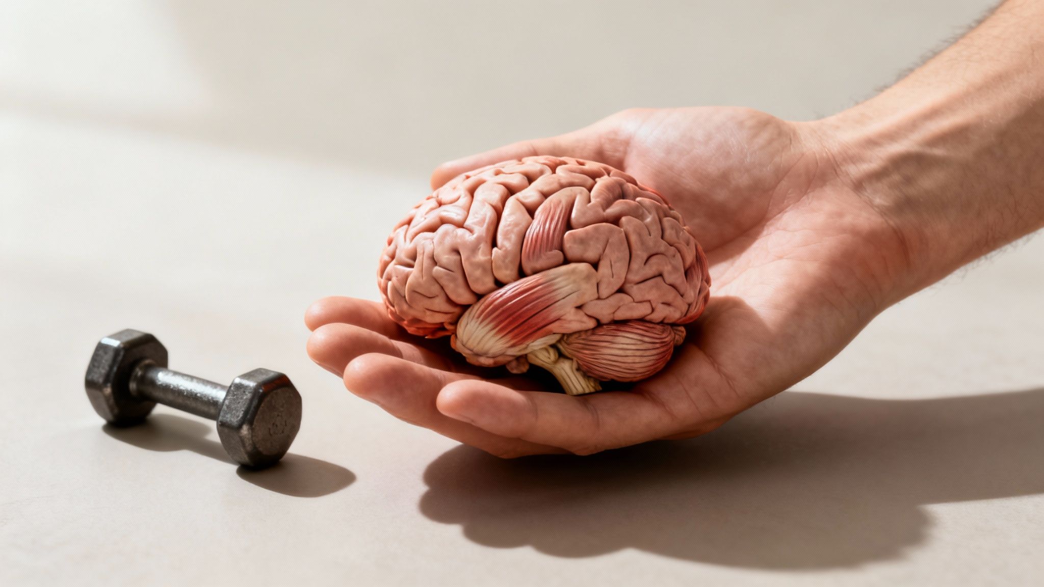 A hand gently holds a detailed human brain model, with a small dumbbell resting nearby.