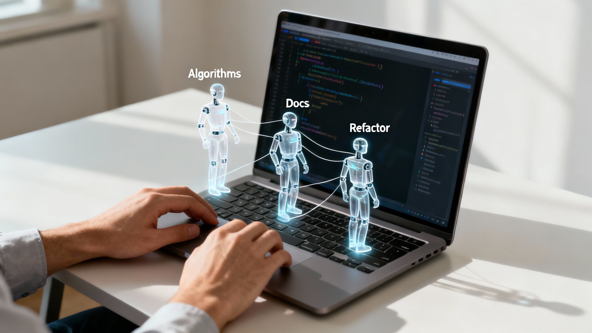 Developer using AI-powered tools on a laptop for algorithms, documentation, and code refactoring.