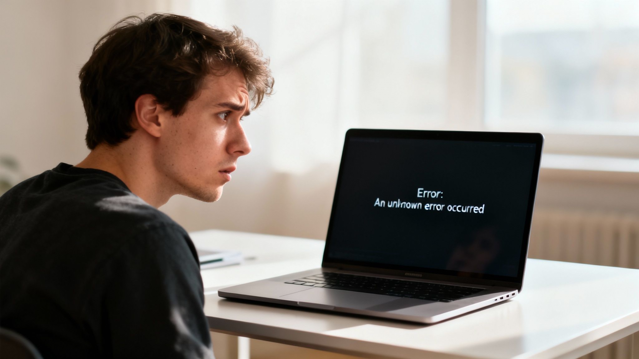 A young man looks concerned at a laptop displaying an 'unknown error' message.