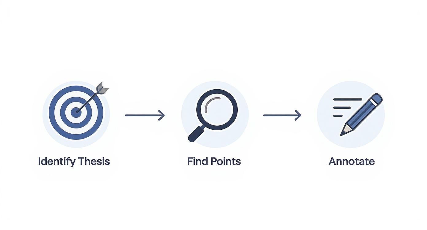 Diagram illustrating a three-step process: Identify Thesis, Find Points, and Annotate a document.