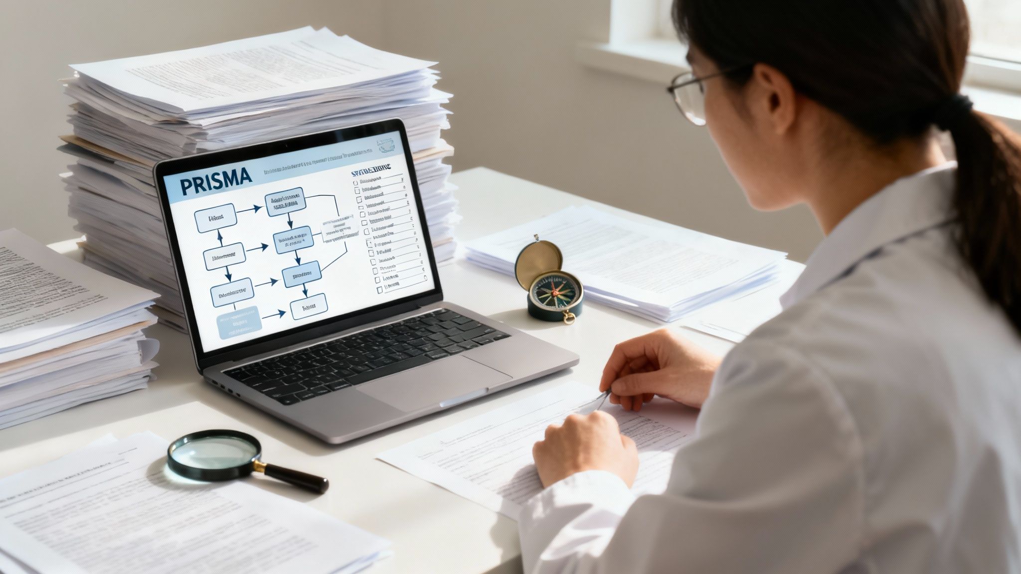 A researcher examines documents and a PRISMA flowchart on a laptop, surrounded by research papers.
