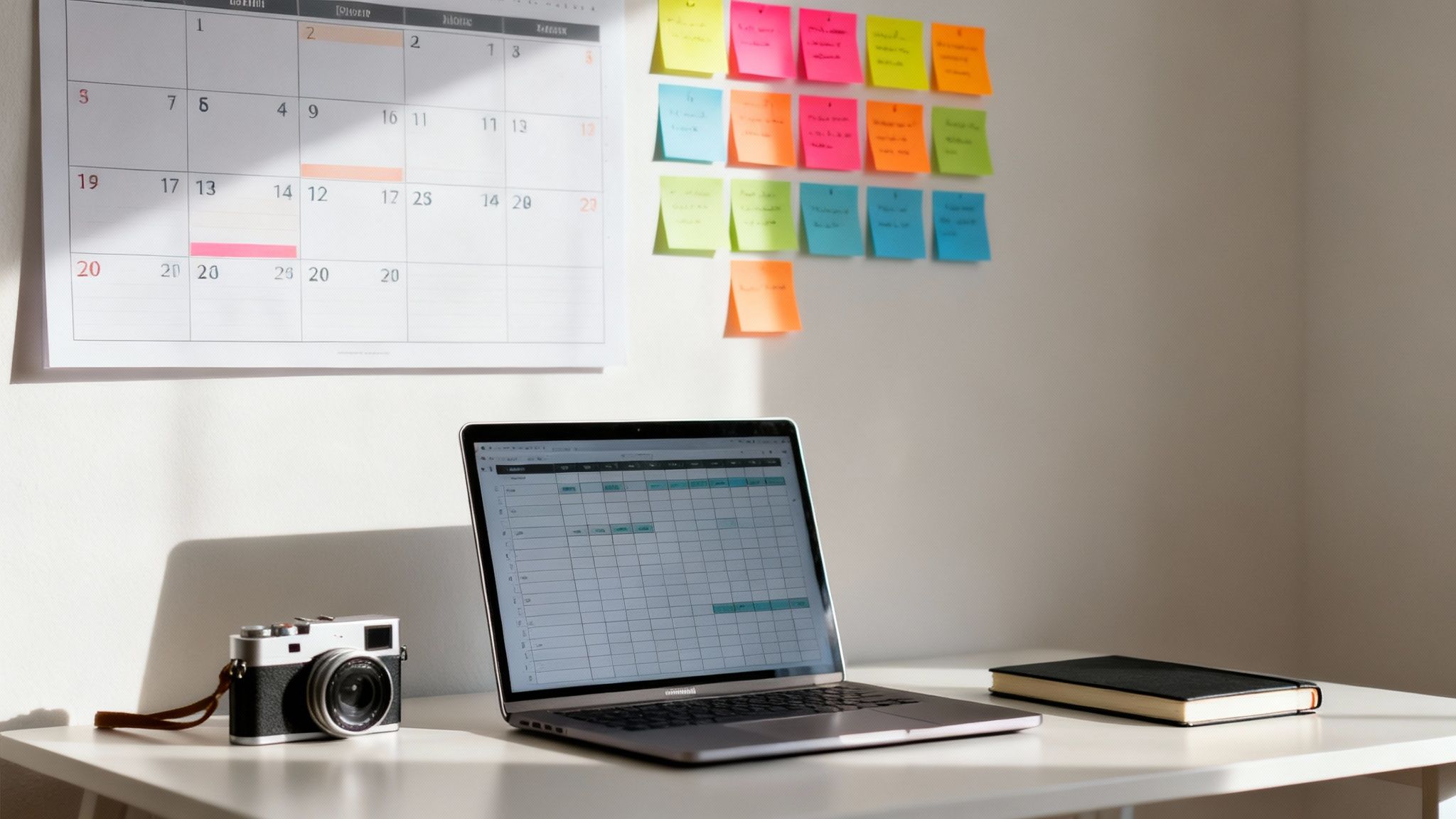 An organized workspace featuring a laptop, camera, calendar, and colorful sticky notes on a white wall.