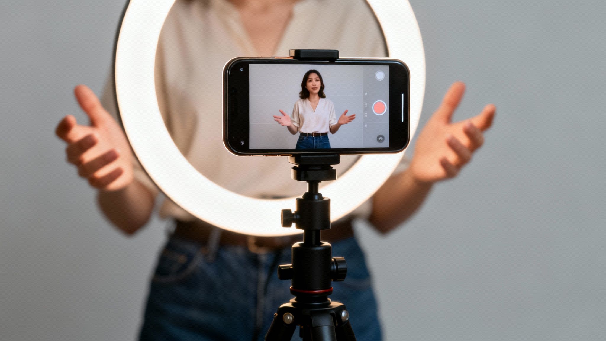 A smartphone on a tripod records a woman speaking, enhanced by a ring light for content creation.