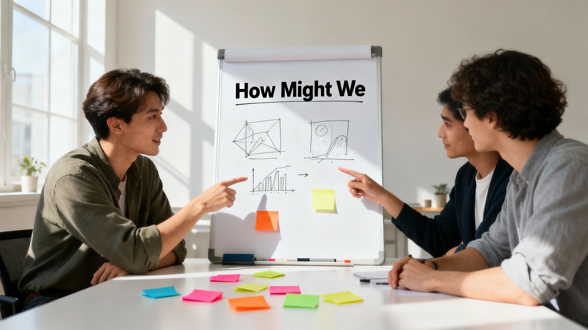 People collaborating on a prototype using sticky notes and sketches on a desk