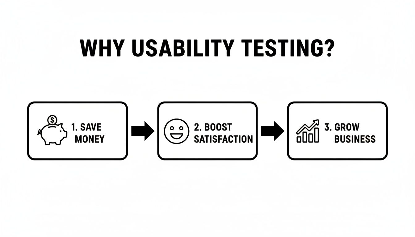 Infographic outlining three key benefits of usability testing: save money, boost satisfaction, and grow business.