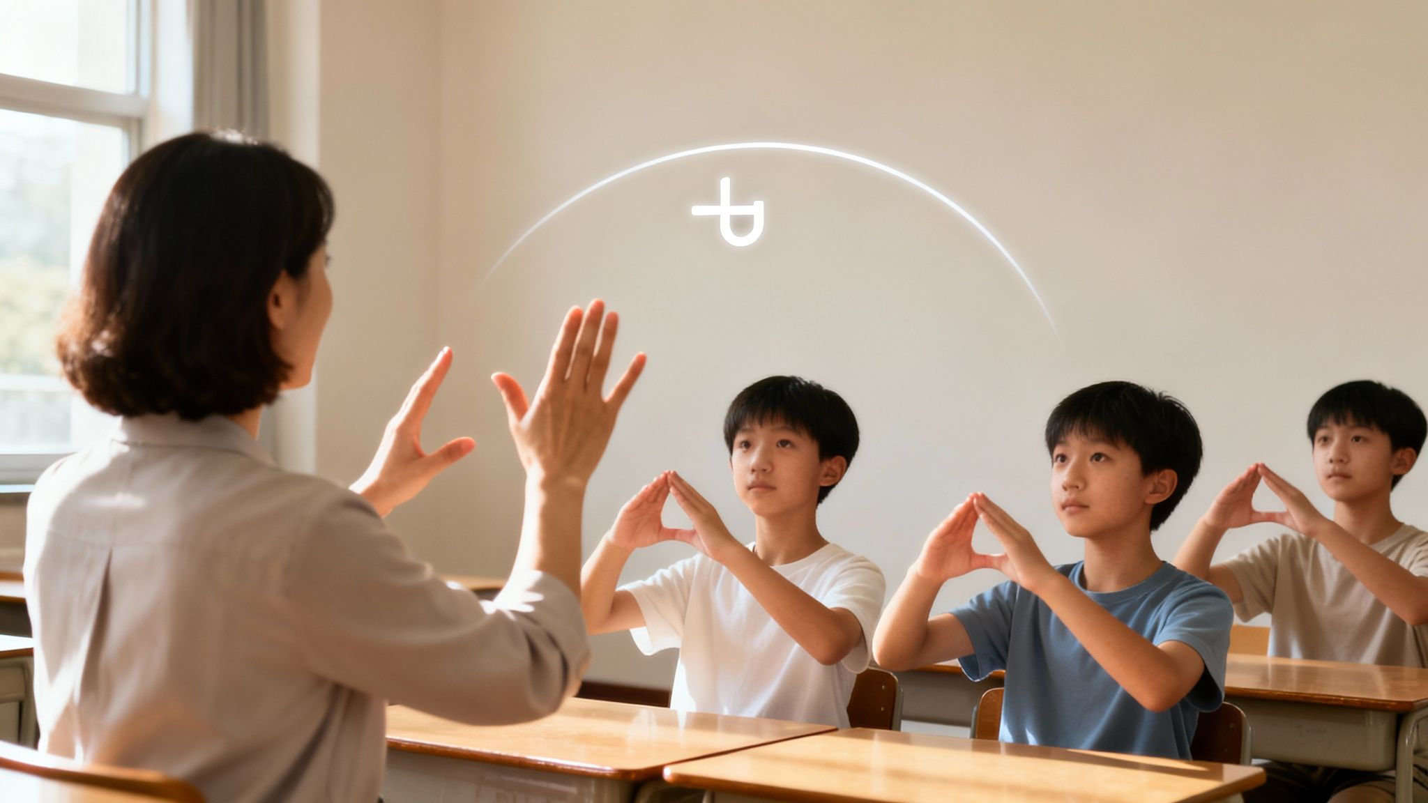 Teacher leads a classroom of students making hand gestures for interactive learning.