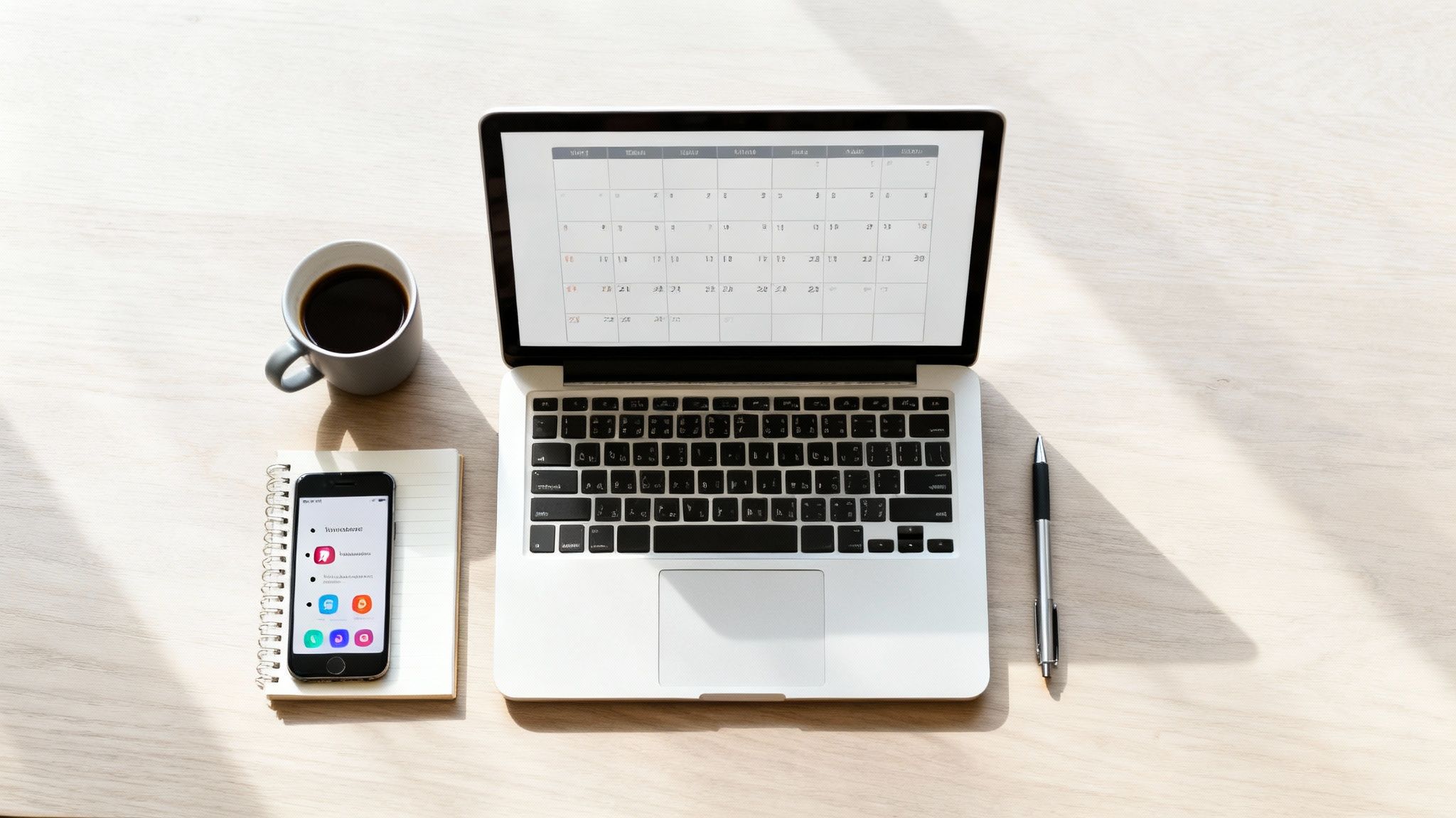 Overhead shot of a clean workspace with a laptop, coffee, smartphone, notepad, and pen on a light wooden desk.