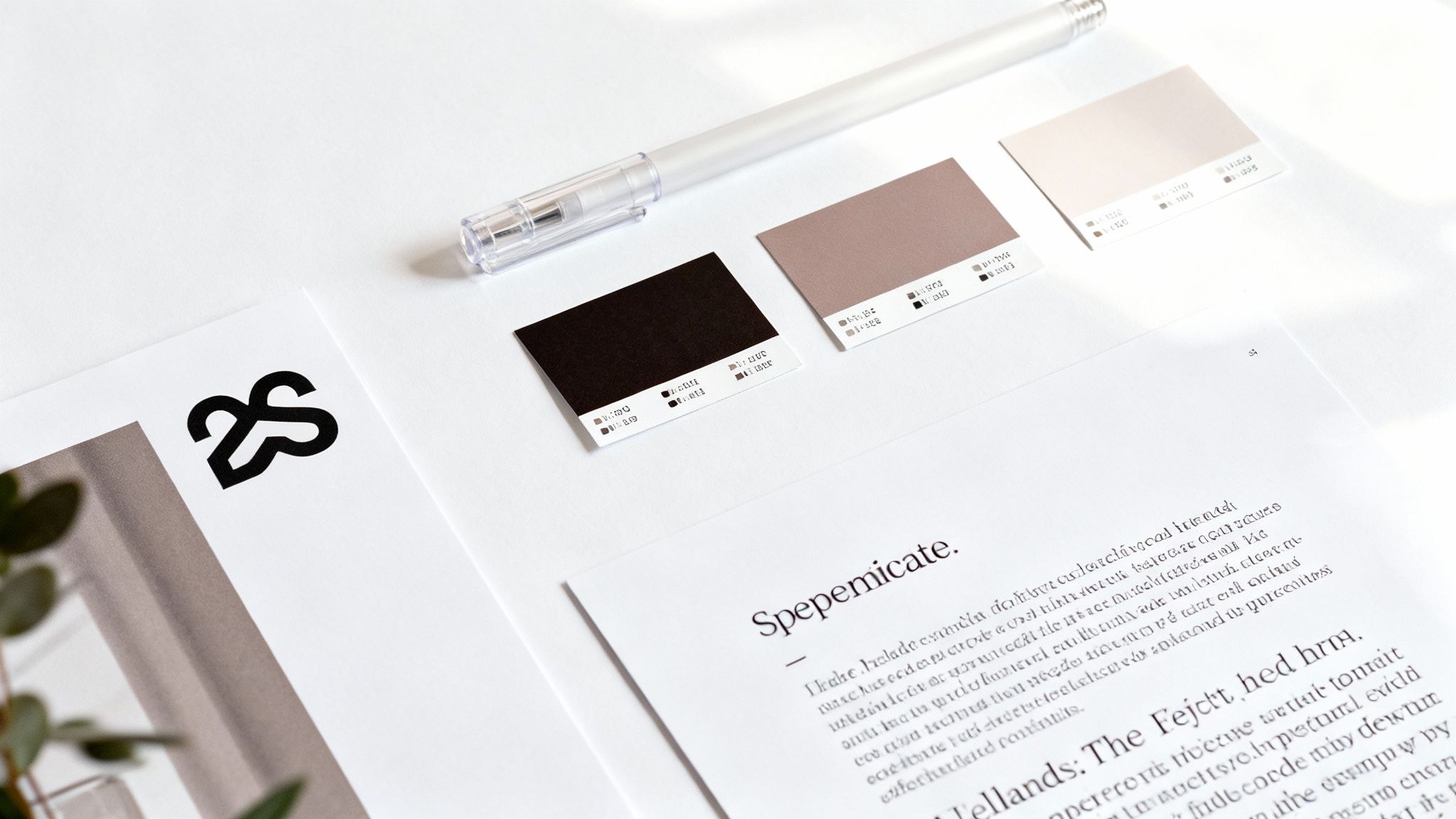 A flat lay of branding elements showing color swatches, a logo, design documents, and a white pen.