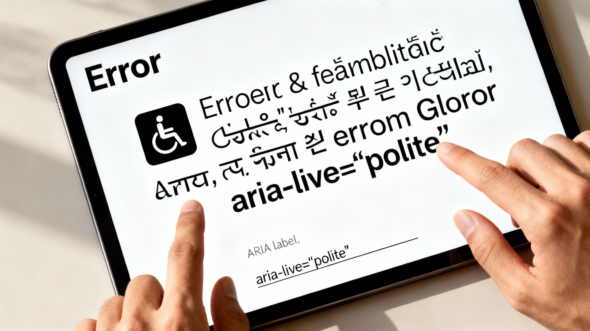Hands interact with a tablet displaying an error message, an accessibility icon, and ARIA live 'polite'.
