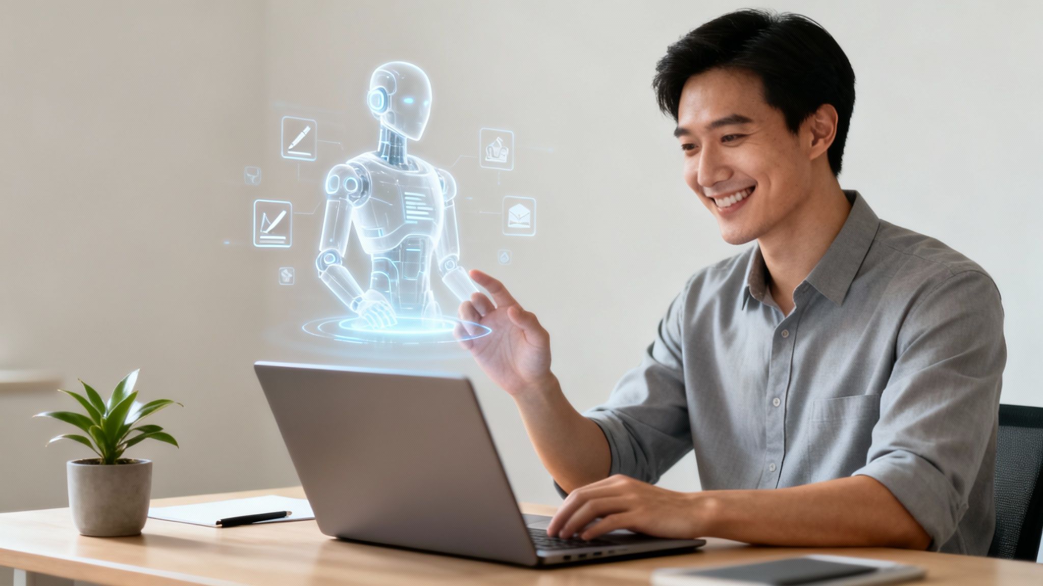Smiling Asian man uses laptop, interacting with a futuristic holographic AI robot at his desk.