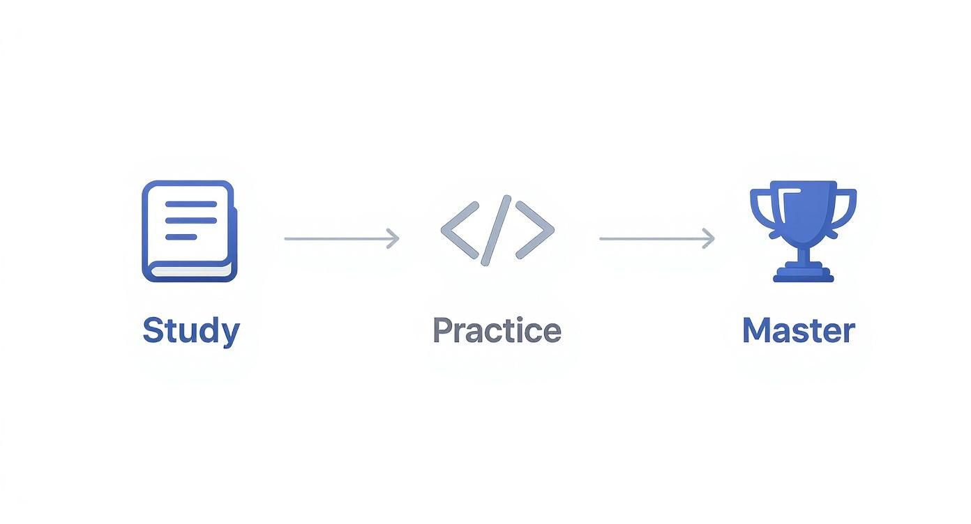 A diagram illustrating the learning process: Study (book), Practice (code), and Master (trophy).