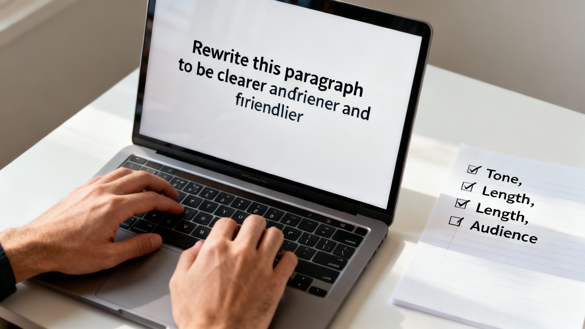 Person typing on a laptop screen that says 'Rewrite this paragraph to be clearer and friendlier' with a writing checklist nearby.