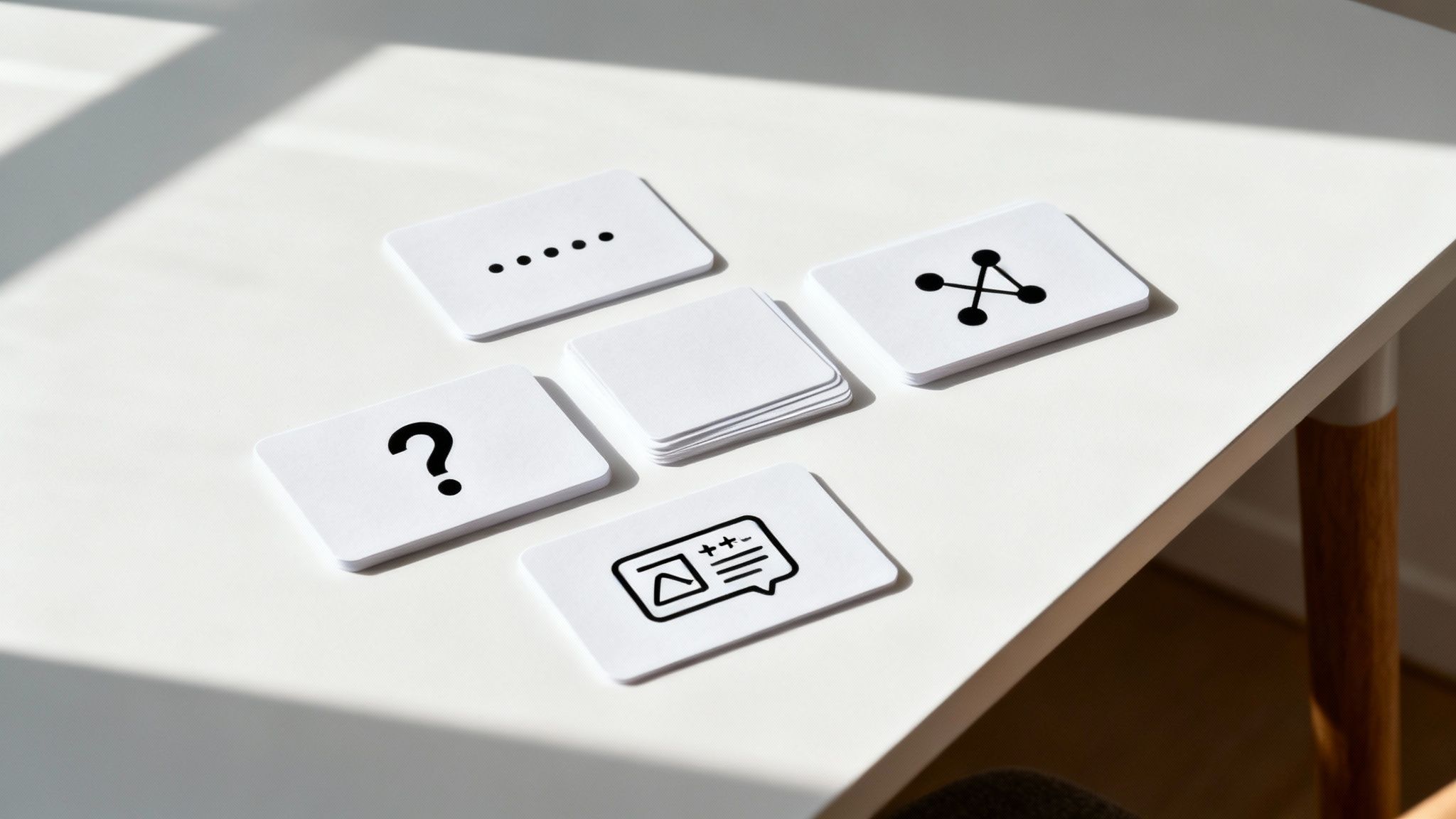 White cards with symbols: a question mark, ellipsis, network, and communication on a table.