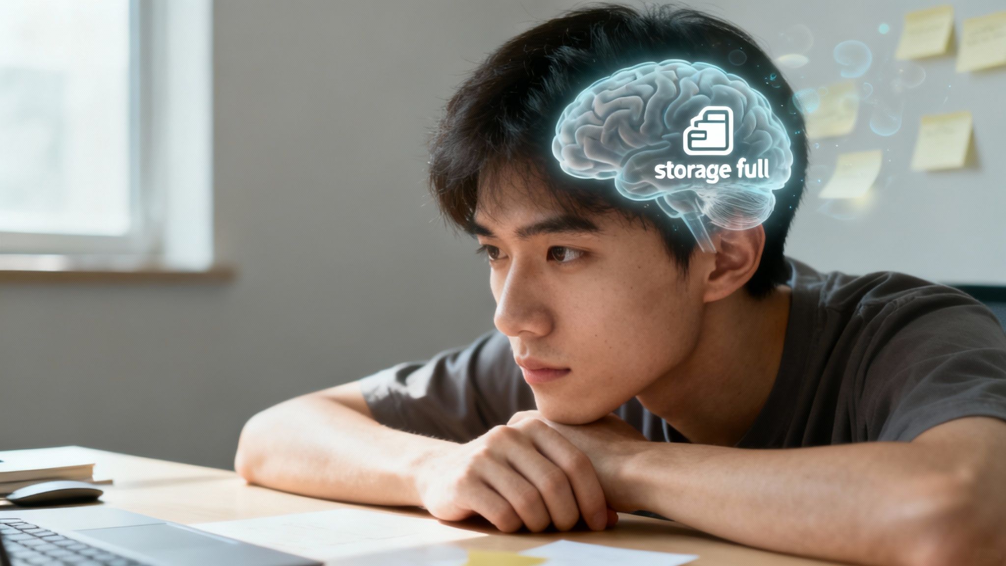 Young man with a glowing brain overlay showing 'storage full,' contemplating at a desk.