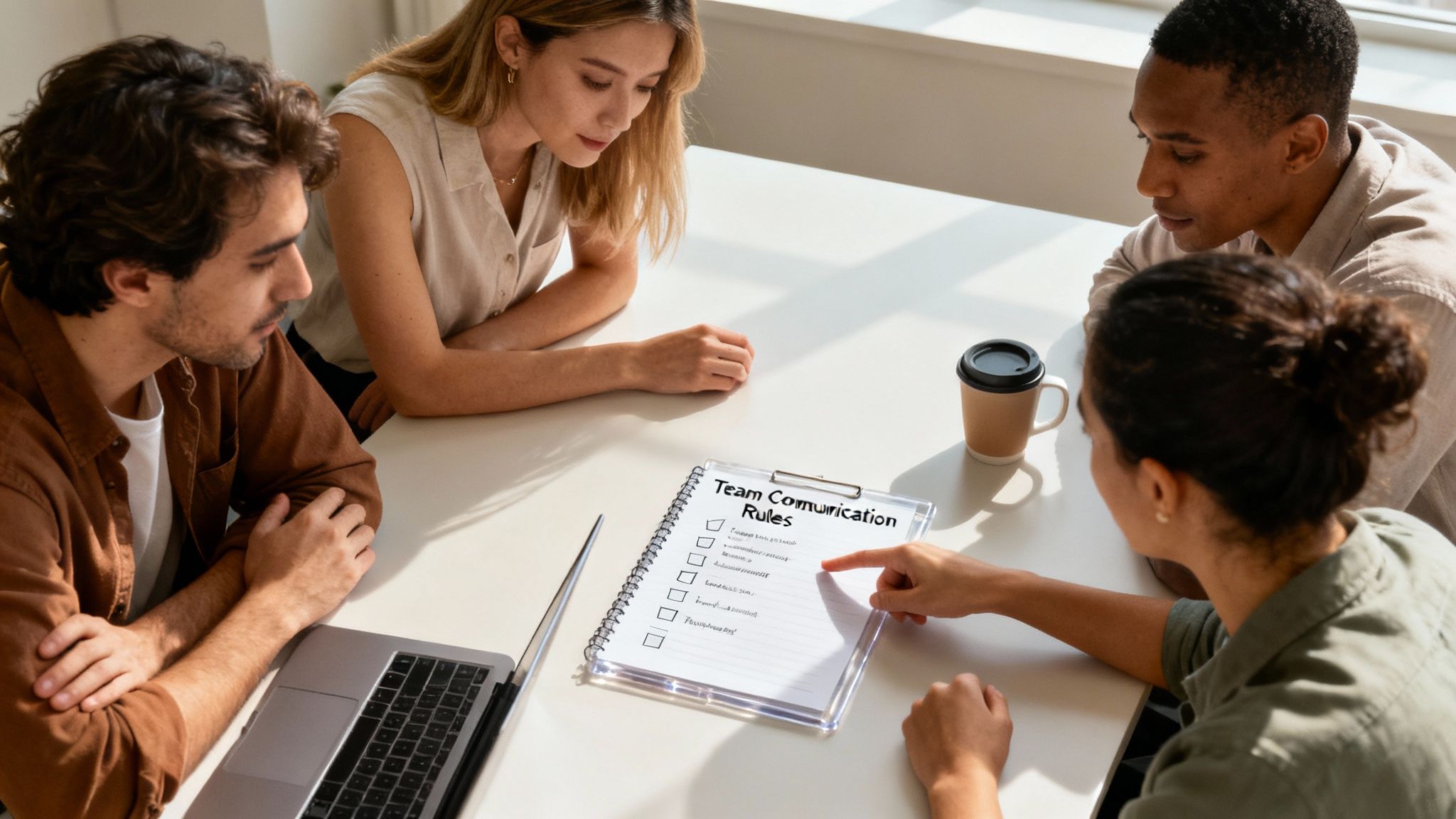 A team collaborating asynchronously using digital tools in a calm and focused environment.