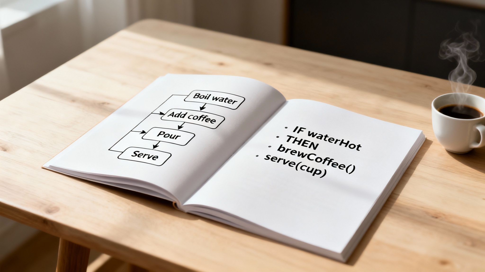 An open book on a wooden table displays a coffee-making flowchart and pseudocode, with a steaming cup of coffee nearby.