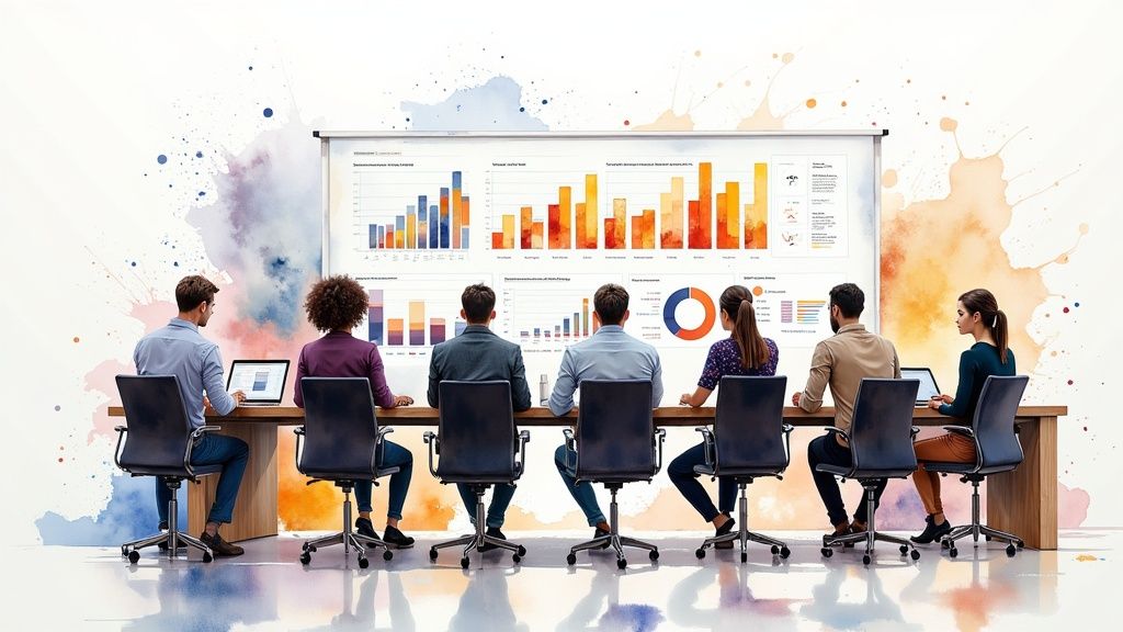 A group of diverse professionals working together in a modern office, pointing at data on a large screen, symbolizing a data-driven culture.