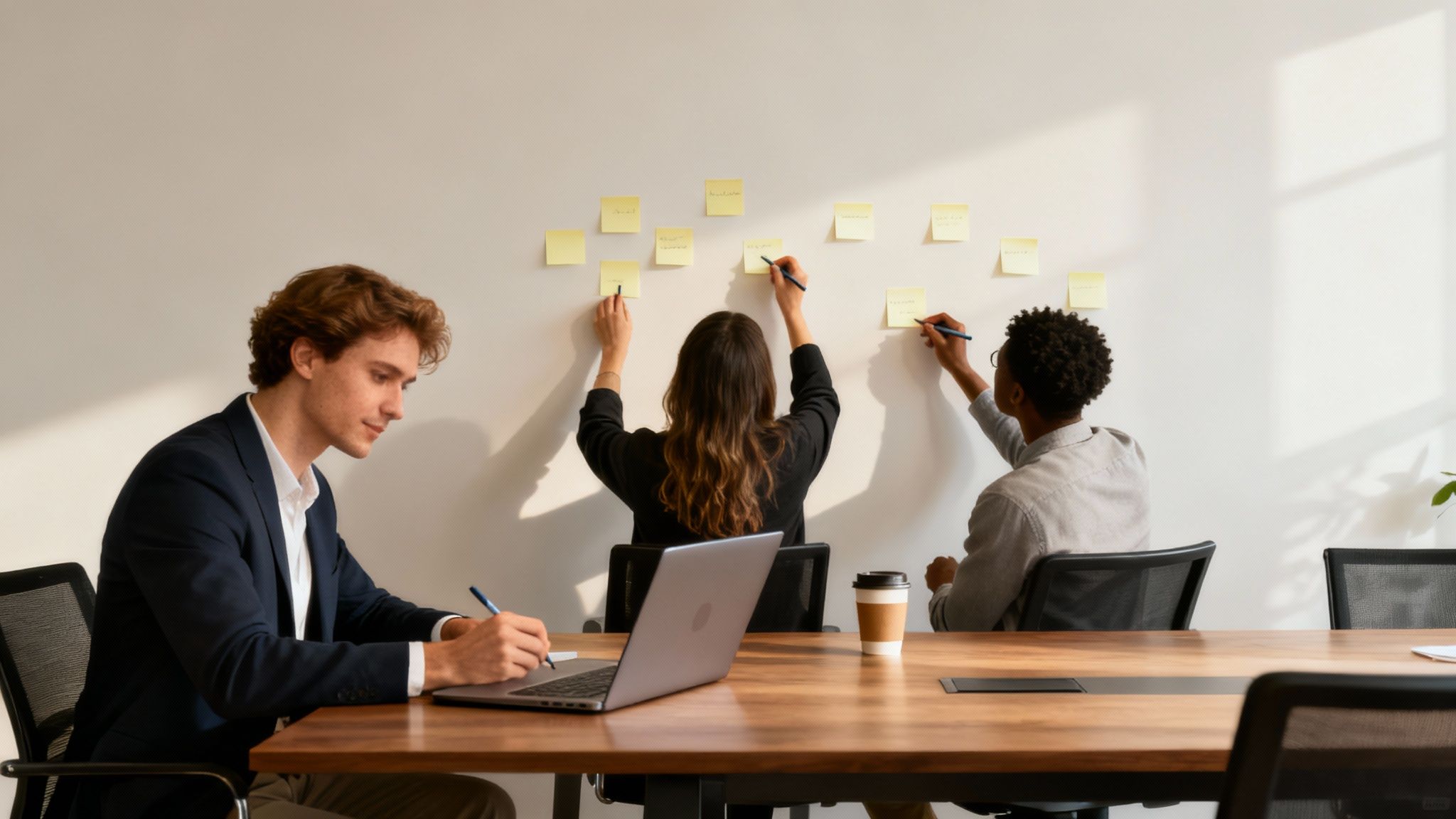 A diverse team collaborates around a table with laptops and documents, setting the stage for a strategic planning session.