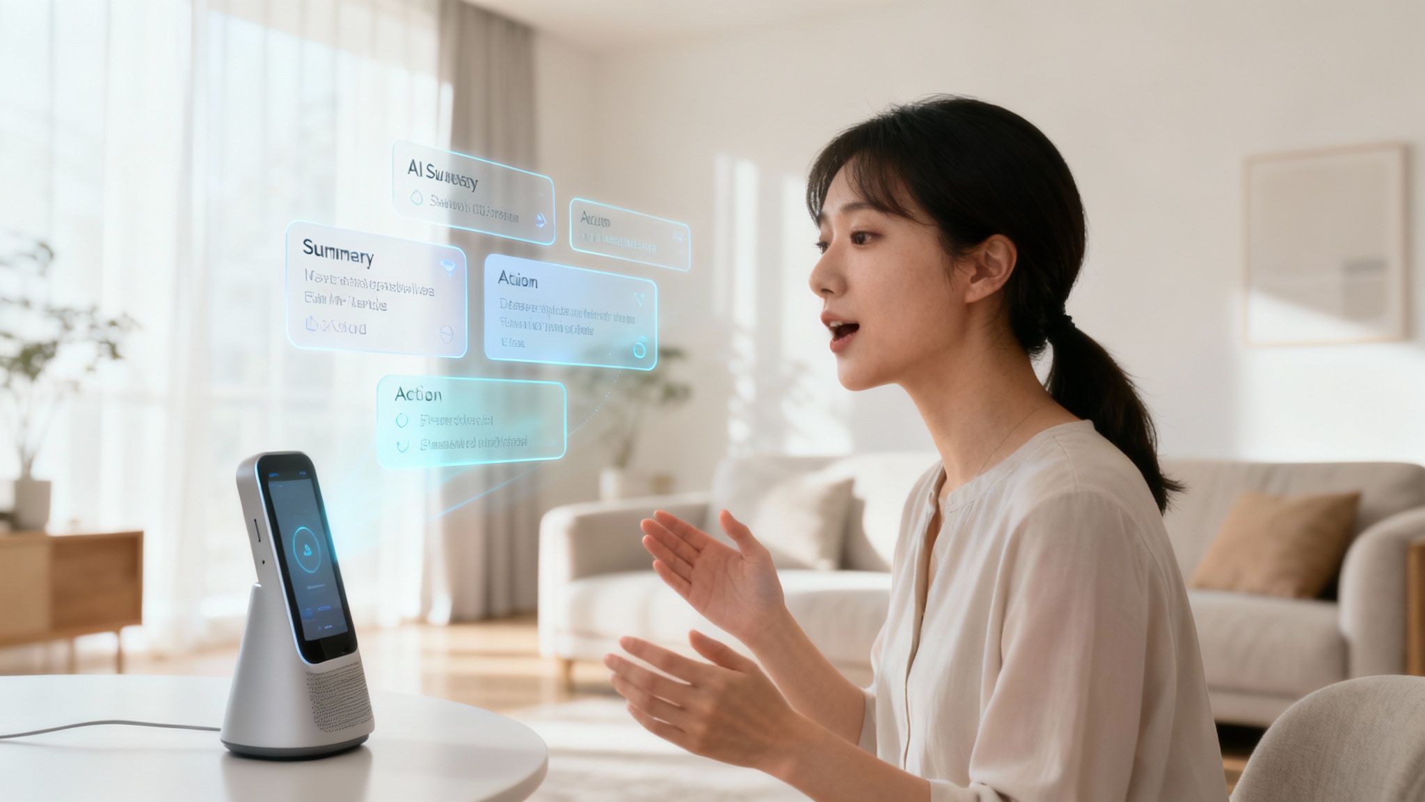 A futuristic interface showing voice commands being processed by an AI