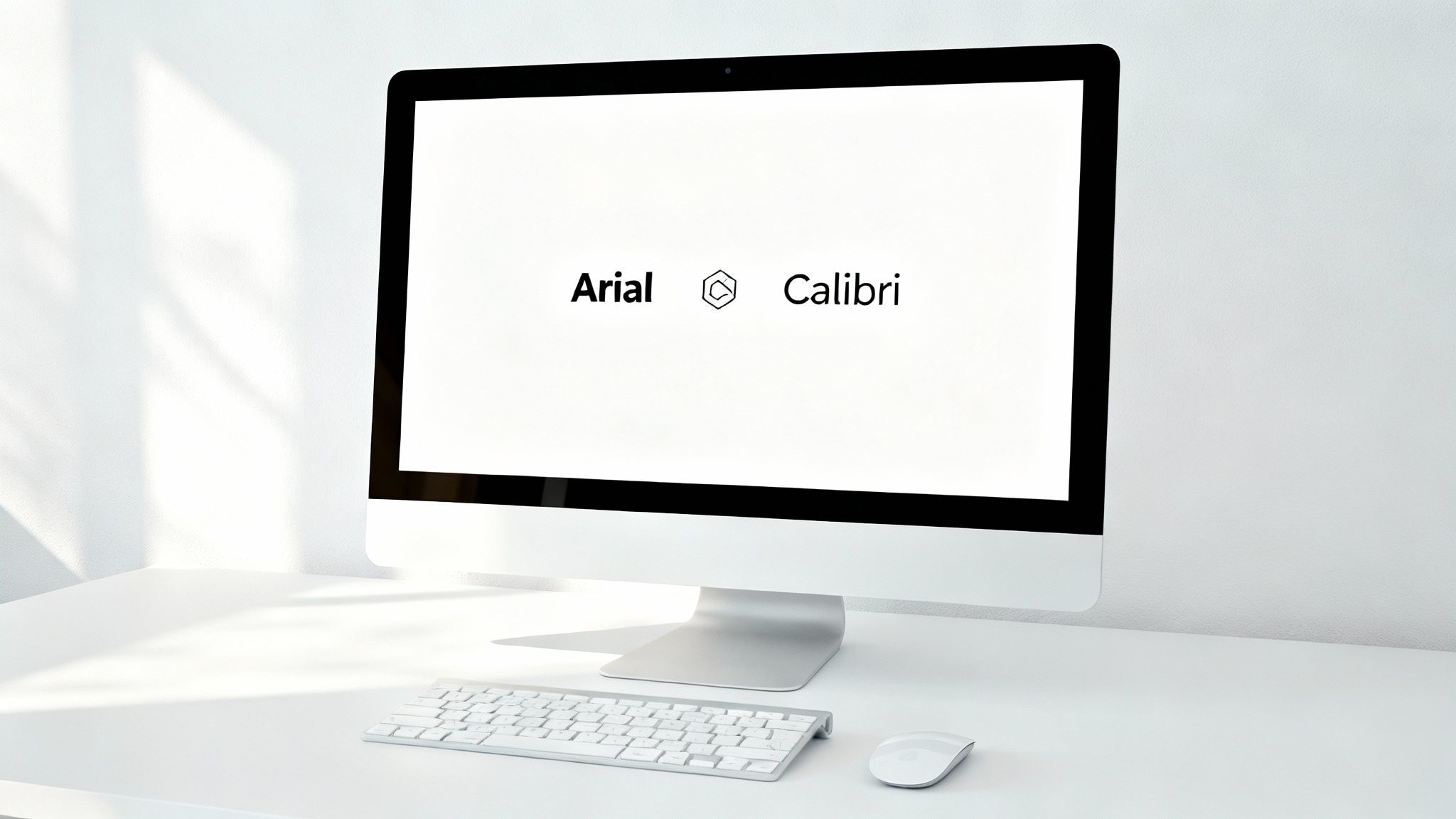 A clean white desktop computer setup with a monitor displaying 'Arial' and 'Calibri' fonts.