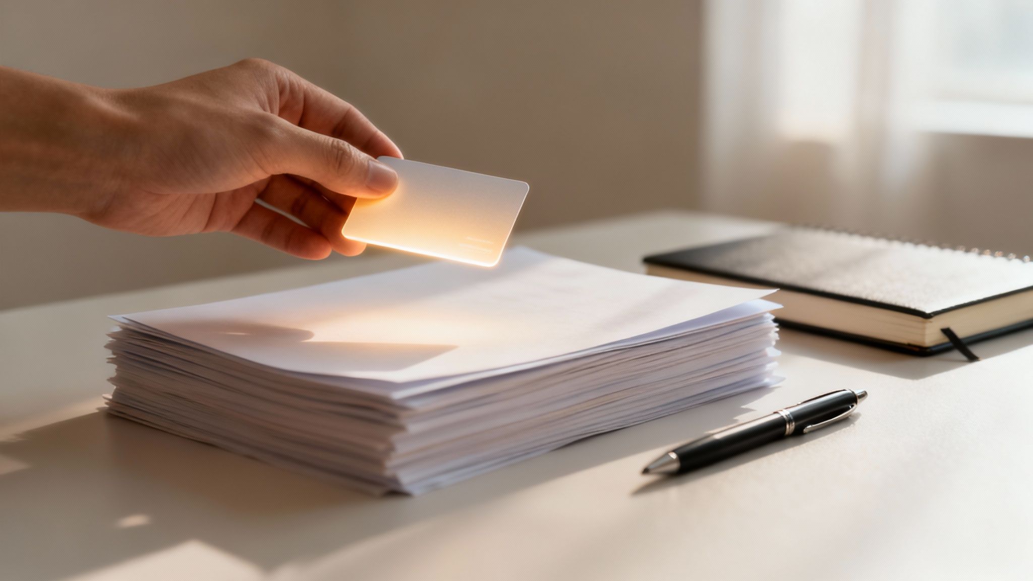 A hand places a glowing white card onto a stack of papers, next to a pen and notebook.