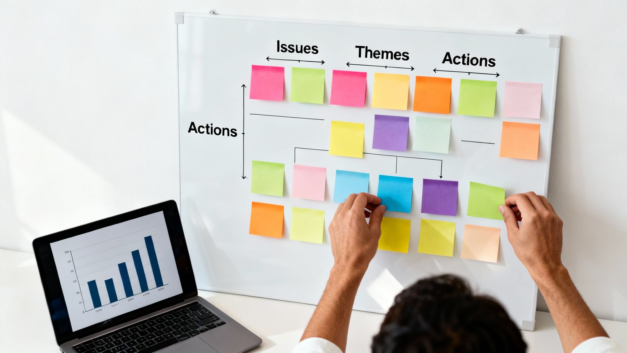 Hands placing colorful sticky notes on a whiteboard labeled 'Issues,' 'Themes,' 'Actions' during a brainstorming session.