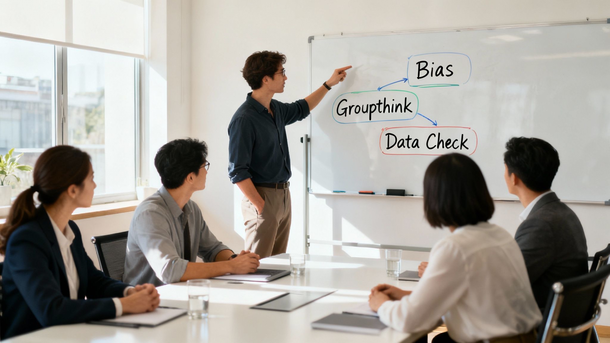 A group of professionals in a modern office looking at a transparent board with charts and sticky notes, focused on avoiding common mistakes.
