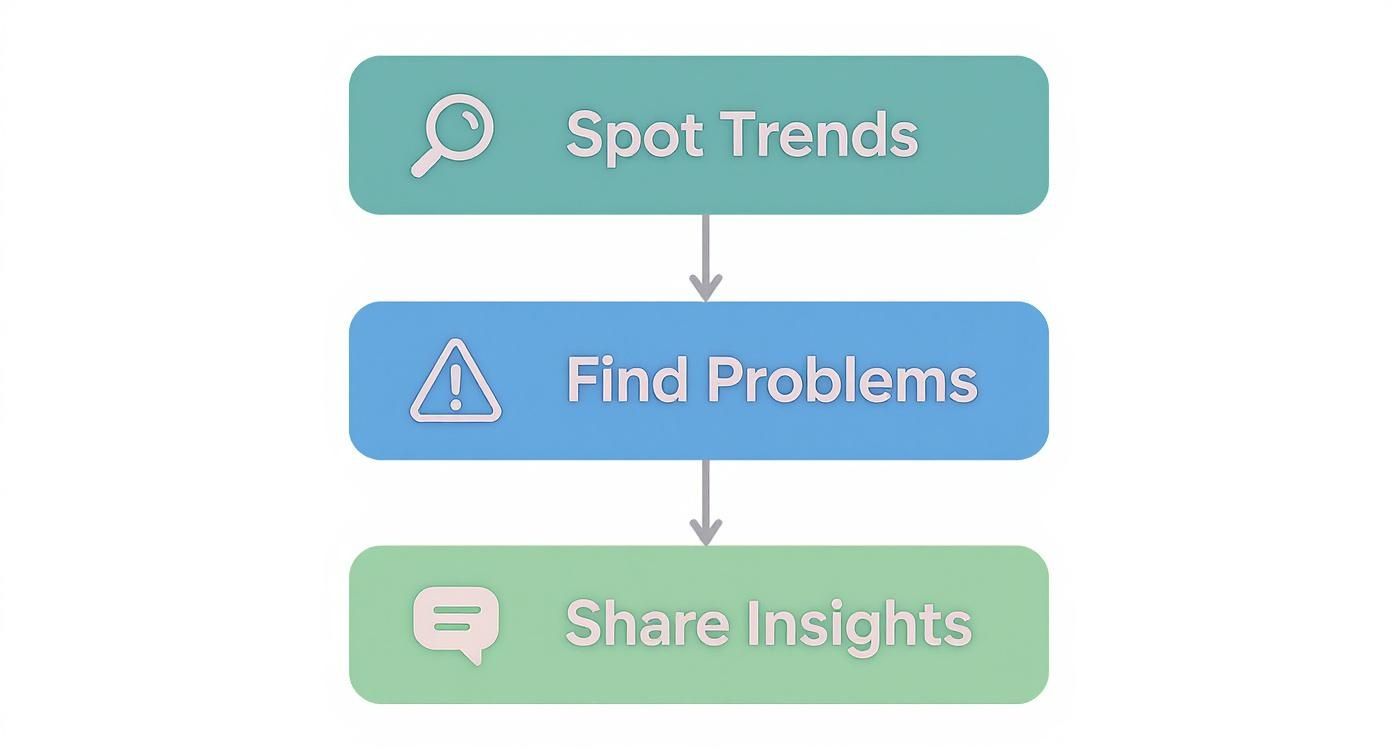 Infographic decision tree illustrating how data visualization helps spot trends, find problems, and share insights.