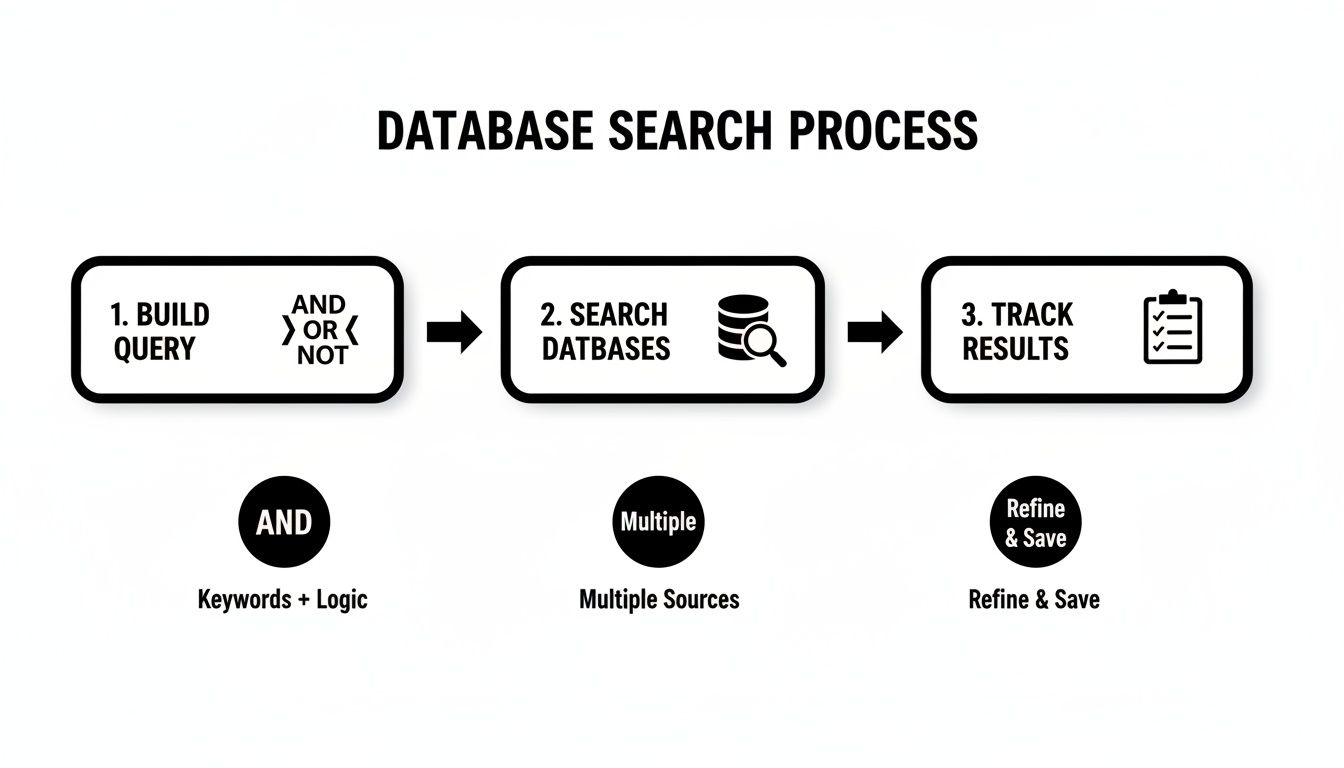Flowchart showing the three-step database search process: build query, search databases, and track results.