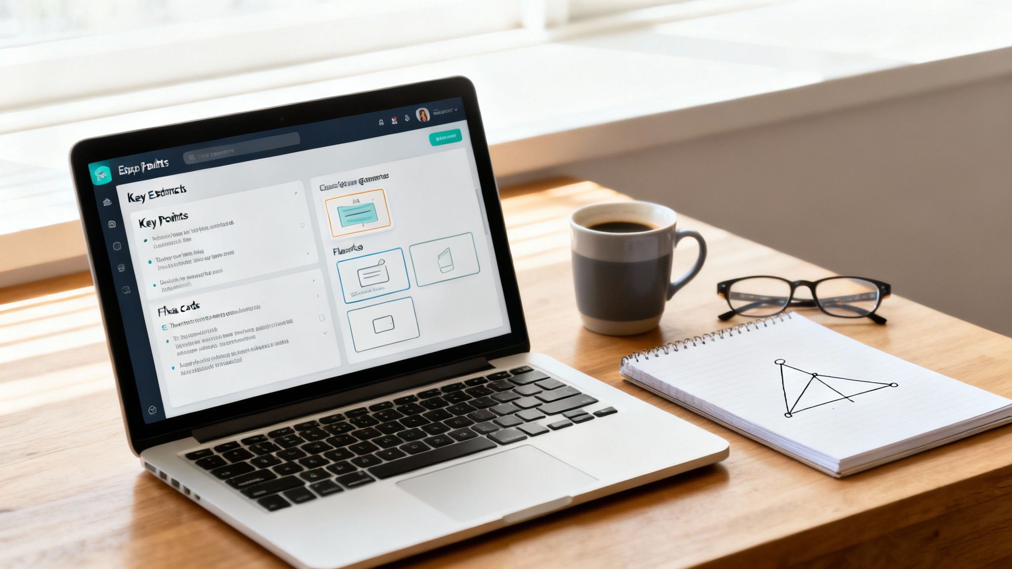 A laptop displaying a study app, coffee, eyeglasses, and a notebook on a wooden desk.