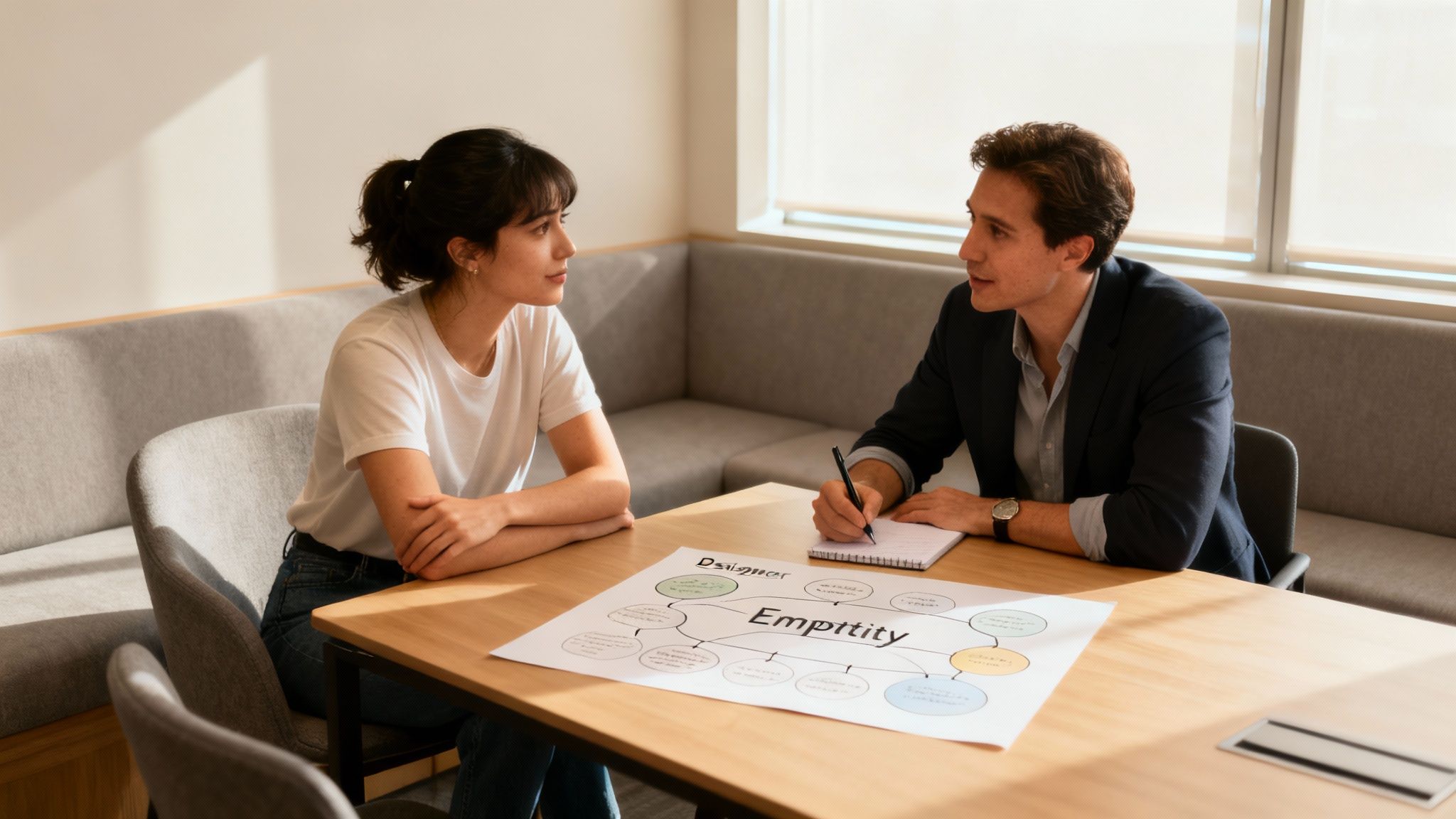 A person using sticky notes on a whiteboard to define a problem statement