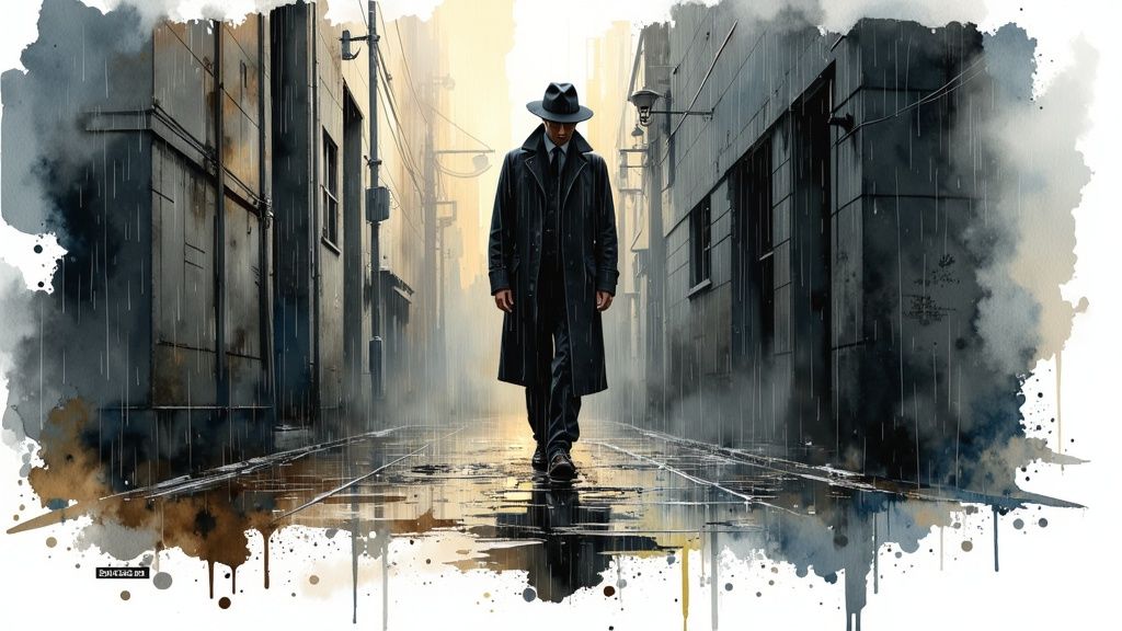A cinematic AI-generated image of a film noir detective scene in a rain-soaked alley.