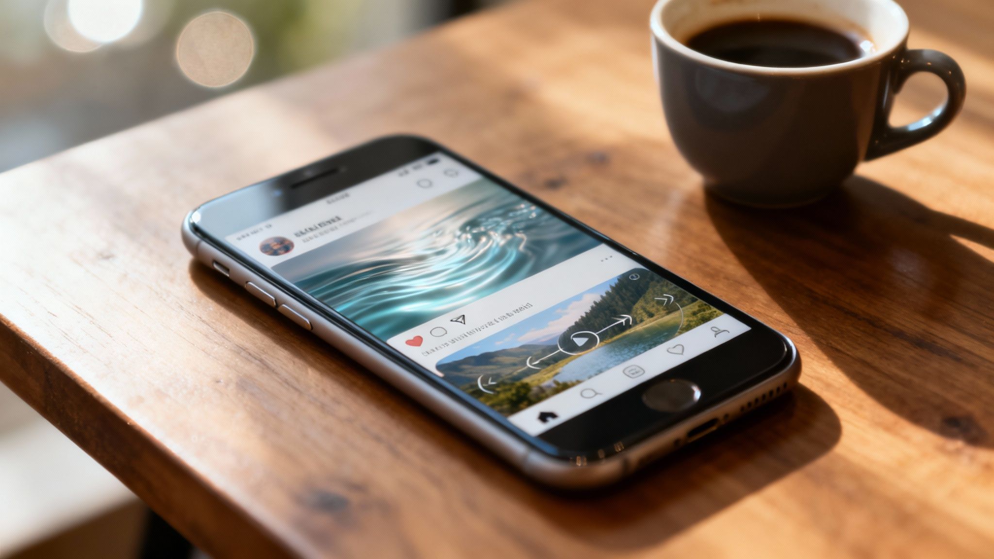 Smartphone displaying a social media app with images, next to a coffee cup on a wooden table.
