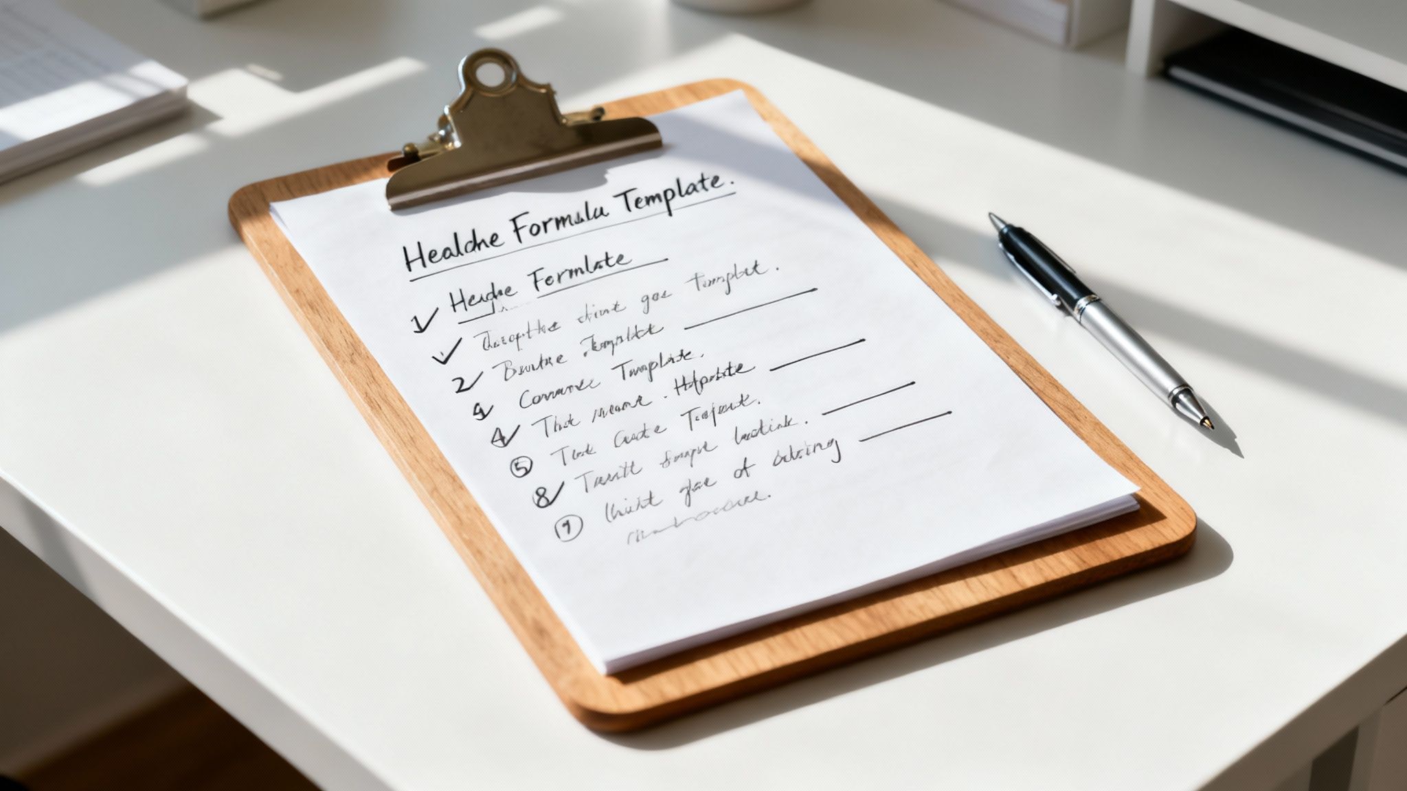 A person using a laptop with various headline formulas floating around them as ideas.