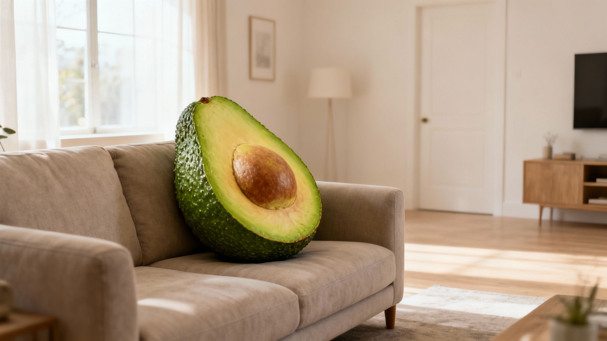 A giant avocado half with its pit sits on a beige sofa in a brightly lit living room.