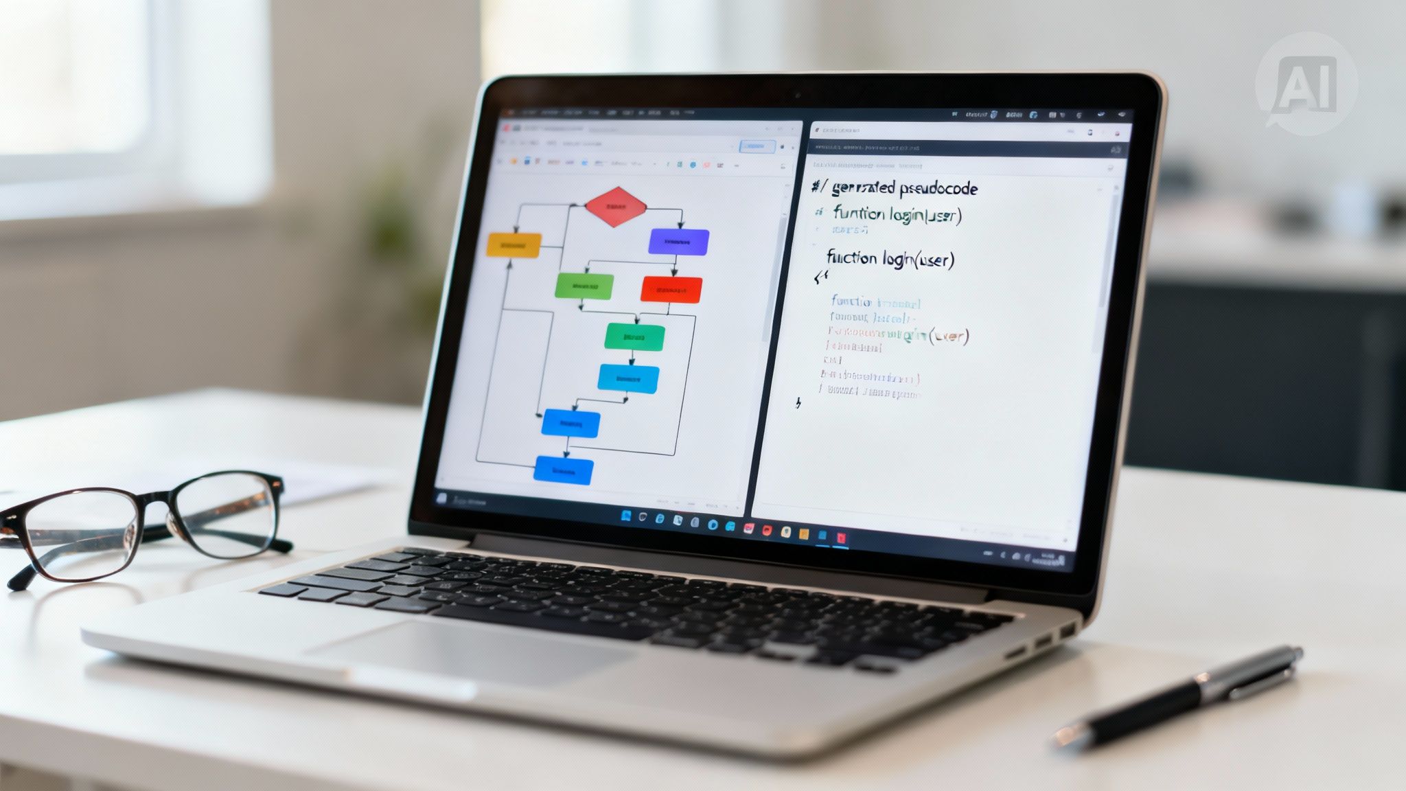 A laptop displays a colorful flowchart on the left and generated pseudocode on the right, with glasses and a pen on the desk.