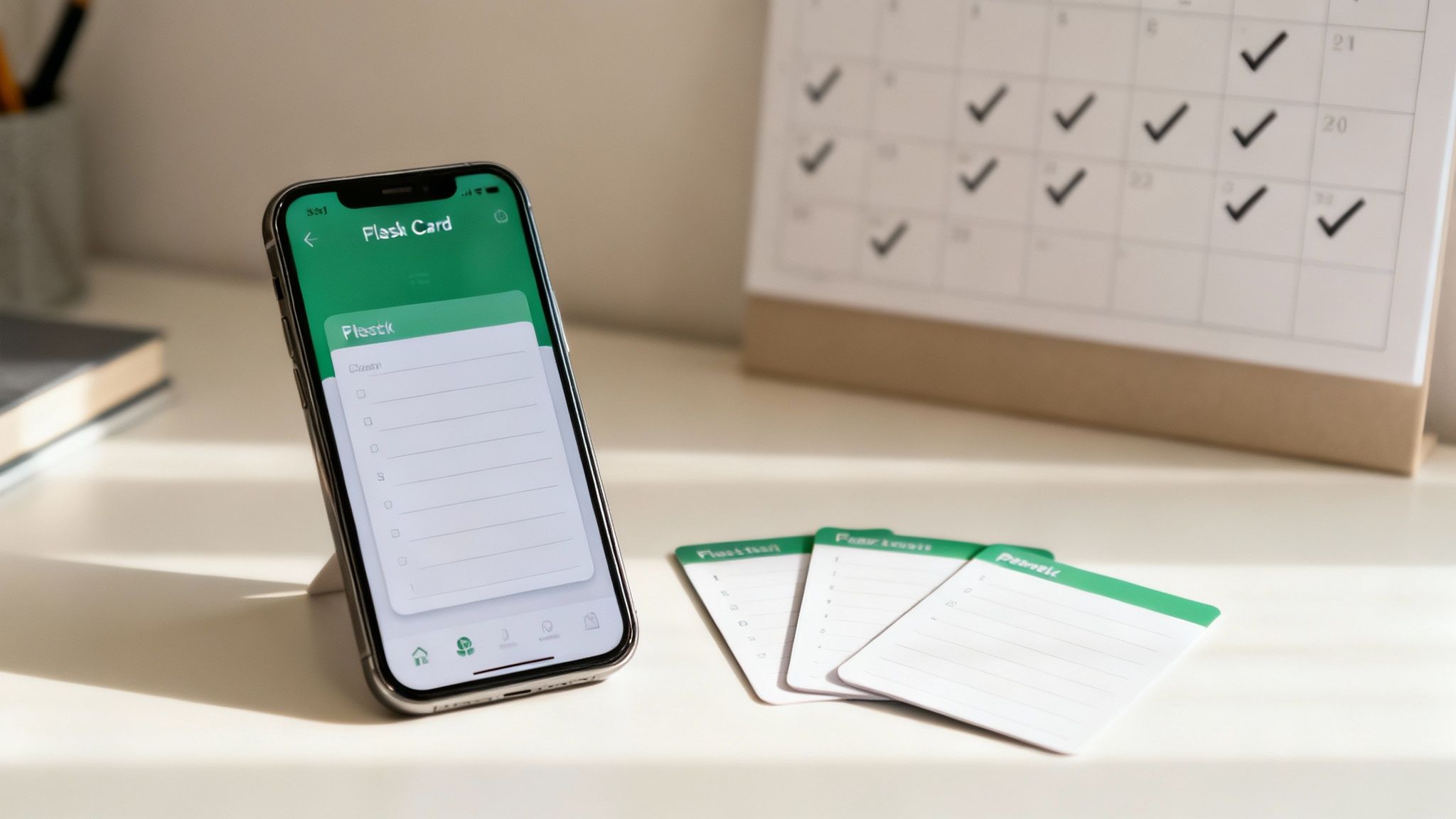A smartphone shows a flashcard app next to physical flashcards and a checked calendar.