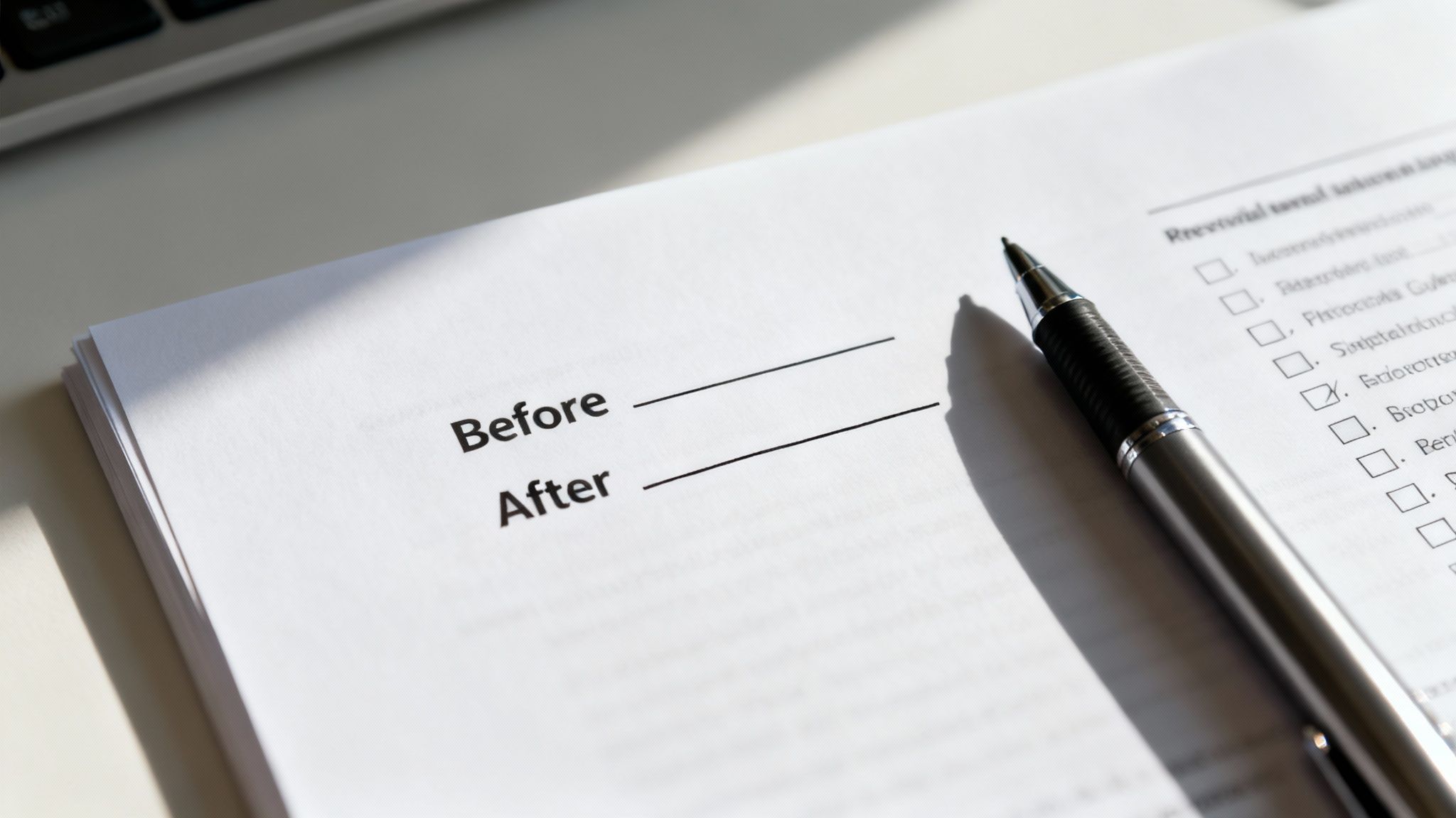 A silver pen lies on a document with 'Before' and 'After' sections and blank lines, beside a checklist.