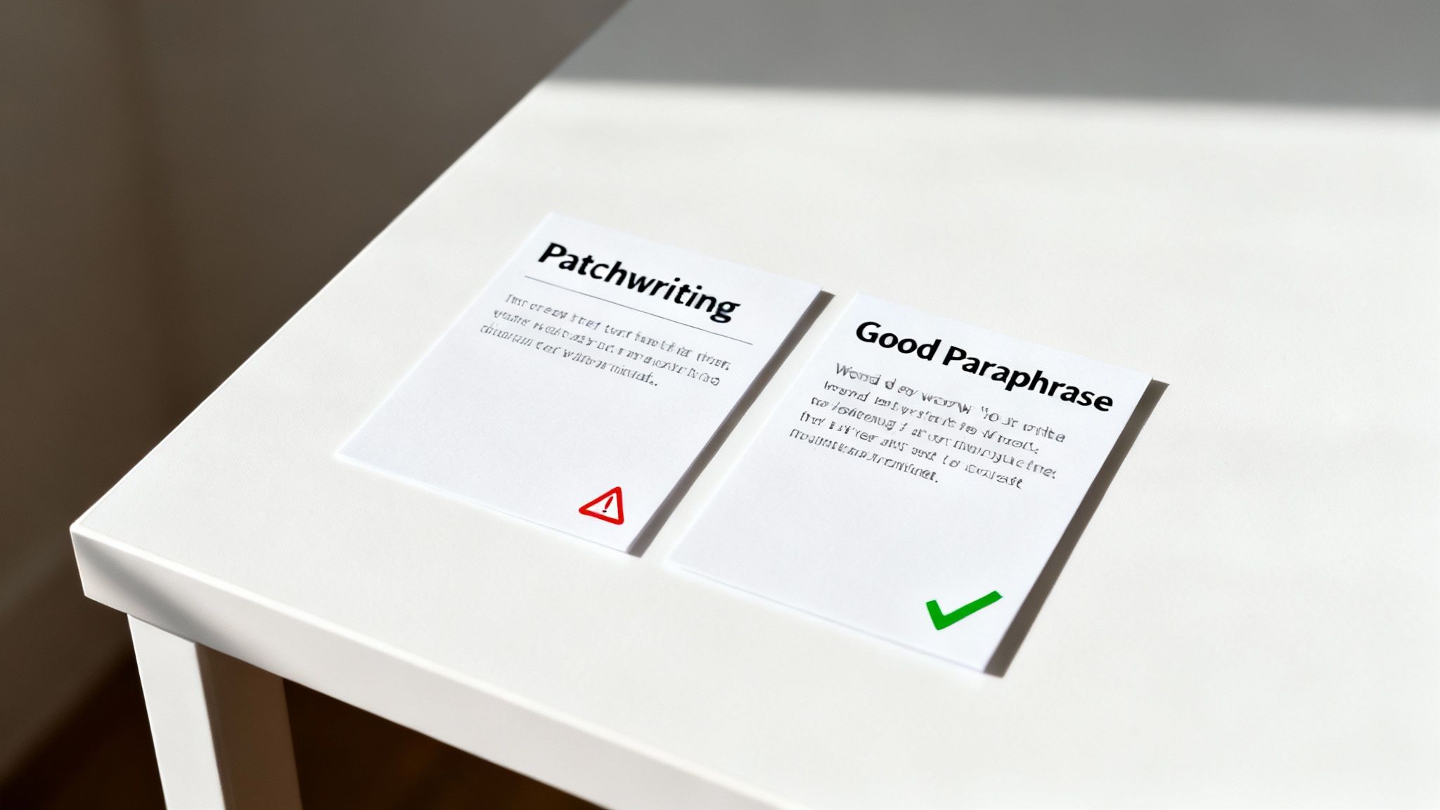 Two cards on a white table, one describing 'Patchwriting' with a warning, the other 'Good Paraphrase' with a checkmark.