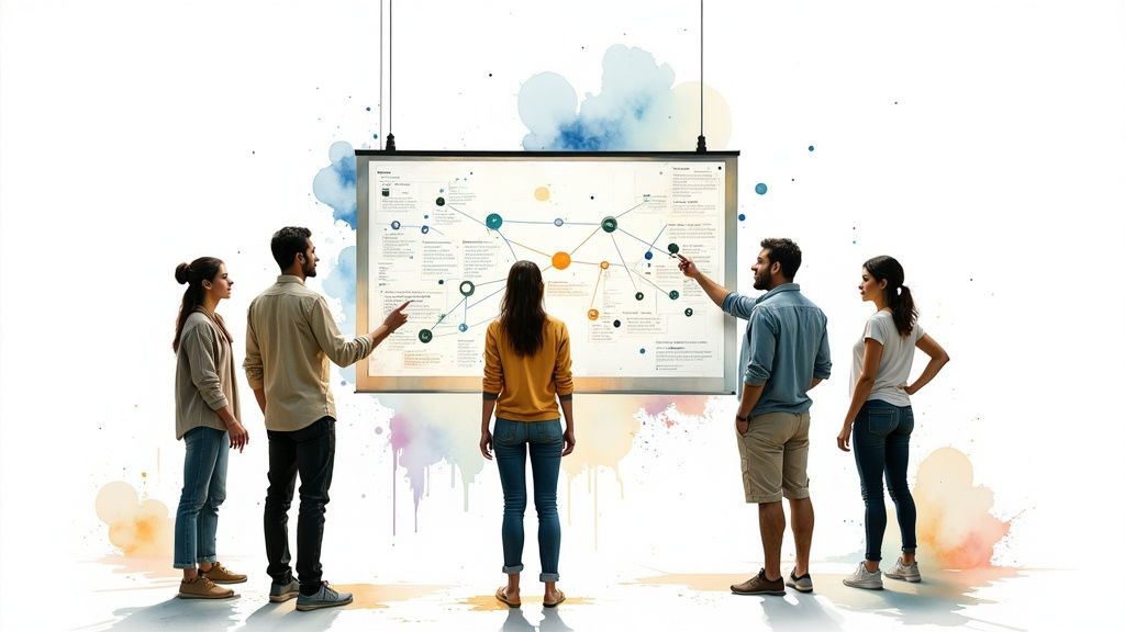 A creative team collaborating around a table, illustrating a harmonious workflow.