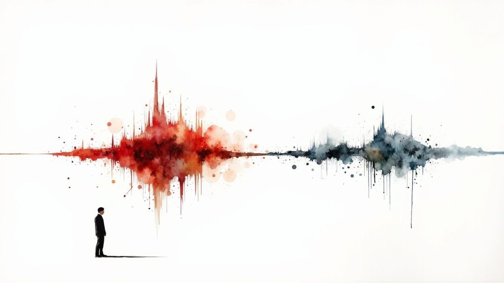 A person editing a text document on a computer screen next to an audio waveform