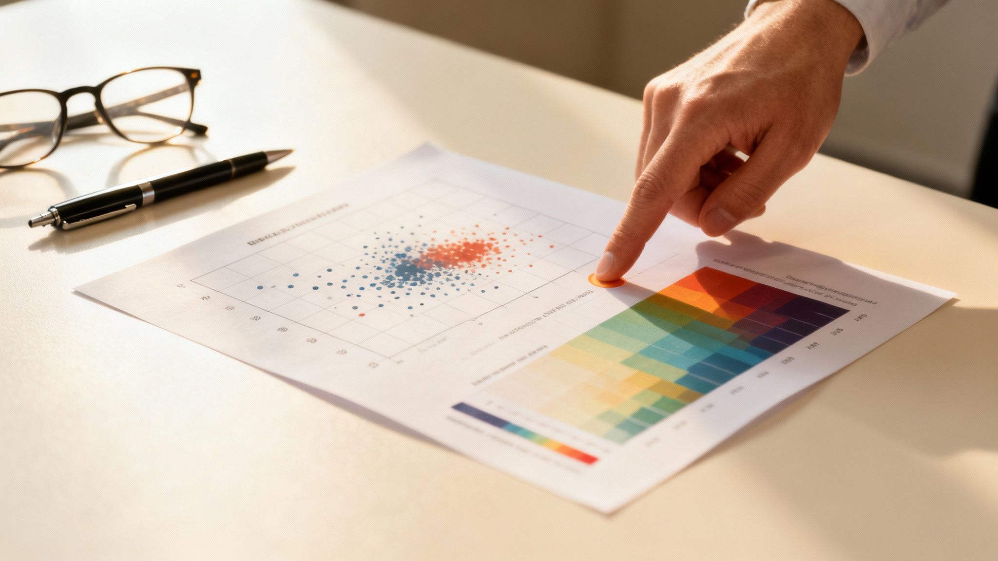 A person pointing at a screen showing various colorful charts and graphs, telling a data story to an audience.