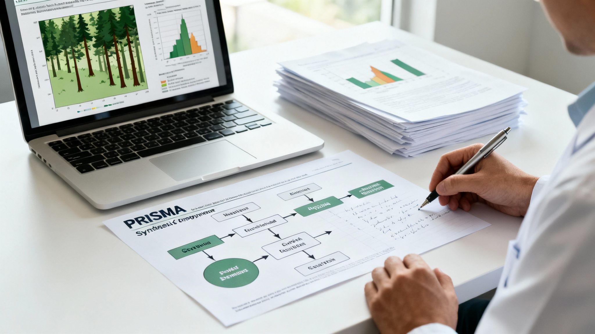 A researcher analyzes data, writes on a PRISMA flowchart, with a laptop and documents on the desk.