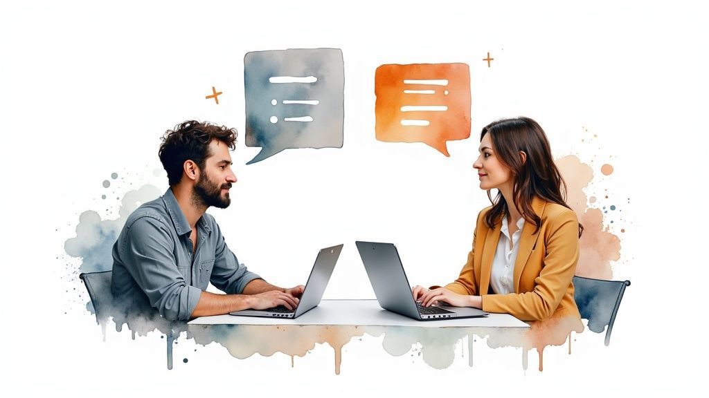 A group of diverse developers collaborating and discussing code on a screen, representing community learning.