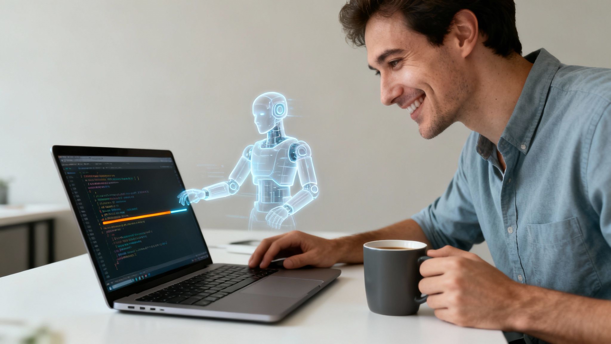 A smiling man watches a holographic robot assist with coding on a laptop.
