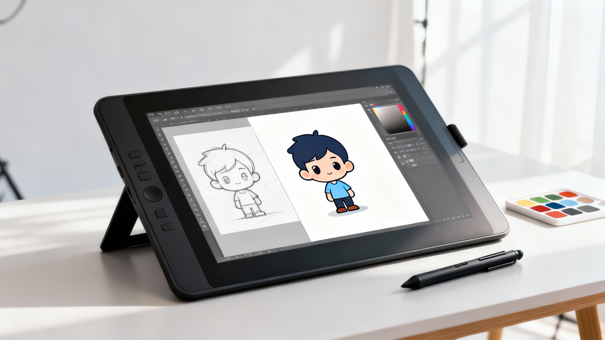 A digital drawing tablet displays a cartoon character from sketch to colored version, with a stylus and paint palette.
