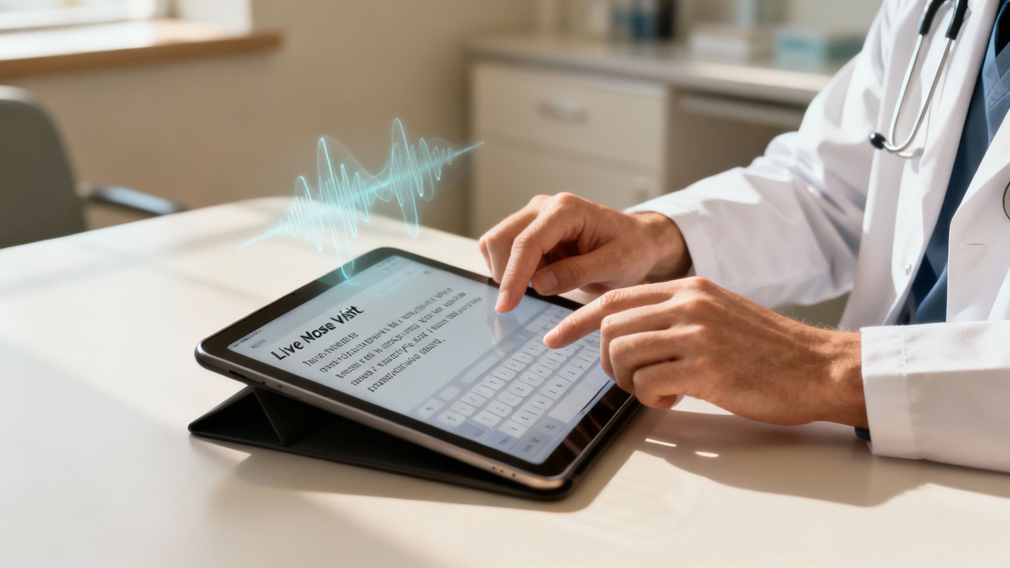 A person speaking into a microphone with soundwaves turning into text on a computer screen