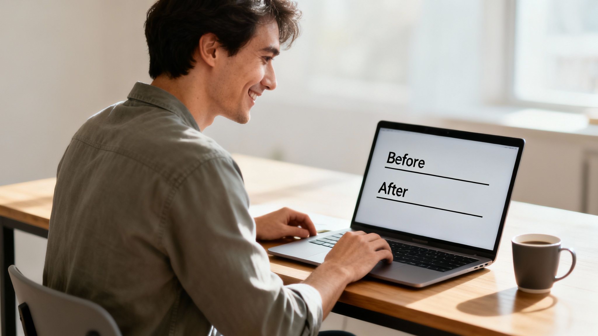 A smiling man sits at a desk, looking at a laptop screen displaying 'Before' and 'After' with blank lines.