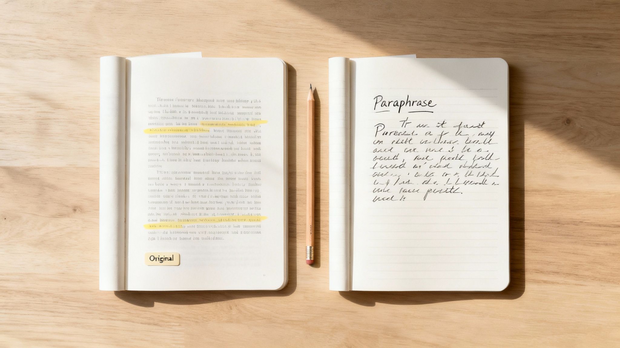 Two notebooks with original and paraphrased text, plus a pencil, on a light wooden desk.