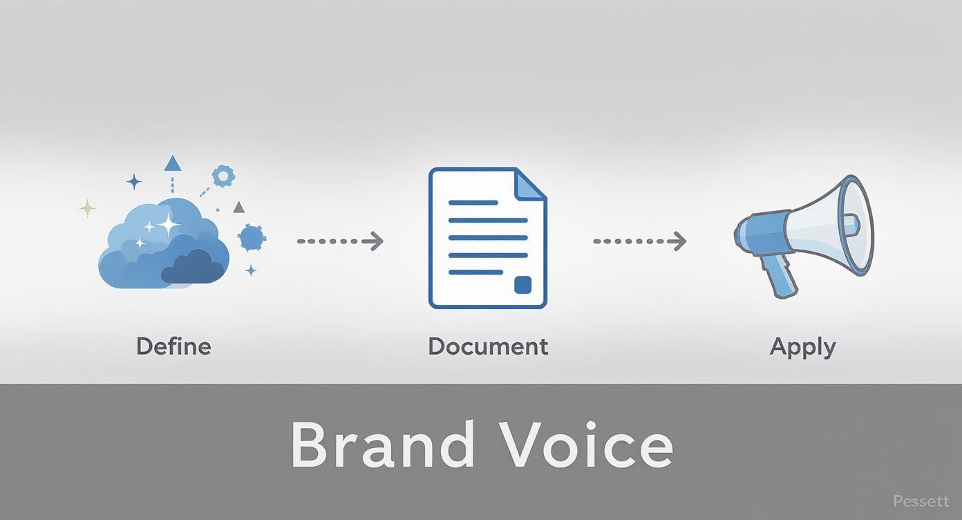 A visual representing the three steps of Brand Voice: Define, Document, and Apply.